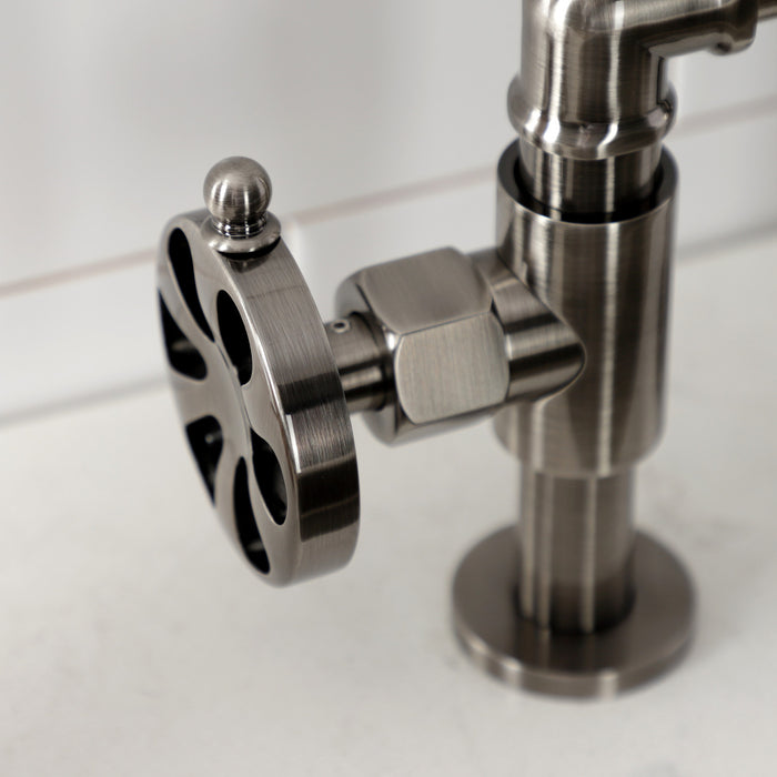 Kingston Sona KS2334RX - Belknap Two-Handle 4-Hole Deck Mount Industrial Style Bridge Kitchen Faucet with Brass Sprayer, Black Stainless