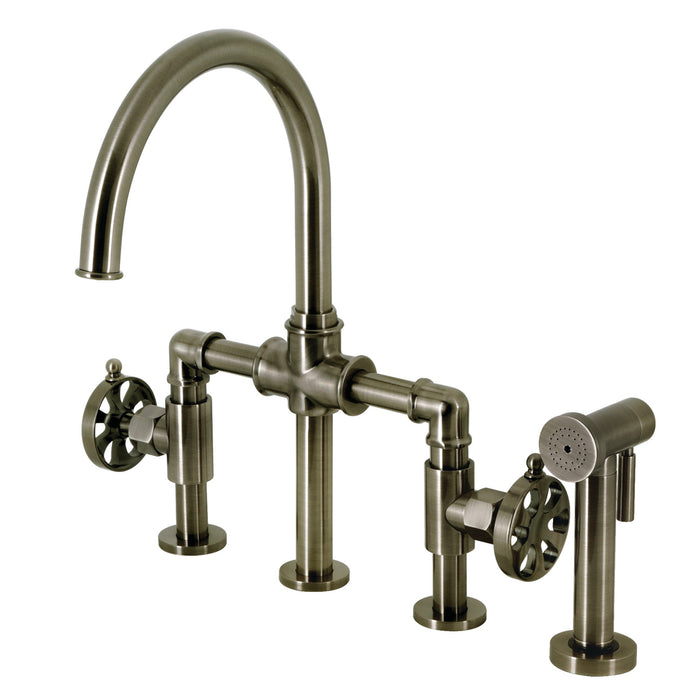 Kingston Sona KS2334RX - Belknap Two-Handle 4-Hole Deck Mount Industrial Style Bridge Kitchen Faucet with Brass Sprayer, Black Stainless