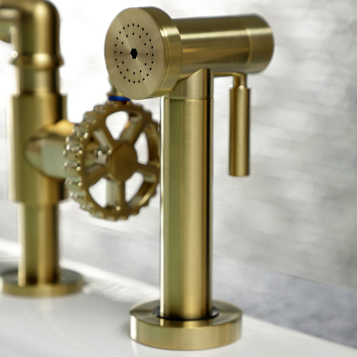 Kingston Sona KS2337CG - Fuller Two-Handle 4-Hole Deck Mount Industrial Style Bridge Kitchen Faucet with Brass Sprayer, Brushed Brass