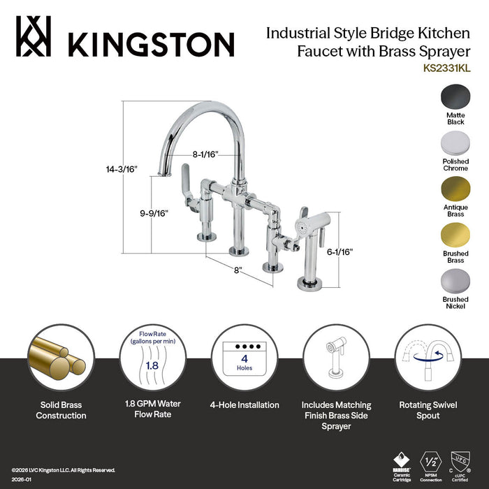 Kingston Sona KS2337KL - Whitaker Two-Handle 4-Hole Deck Mount Industrial Style Bridge Kitchen Faucet with Brass Sprayer, Brushed Brass