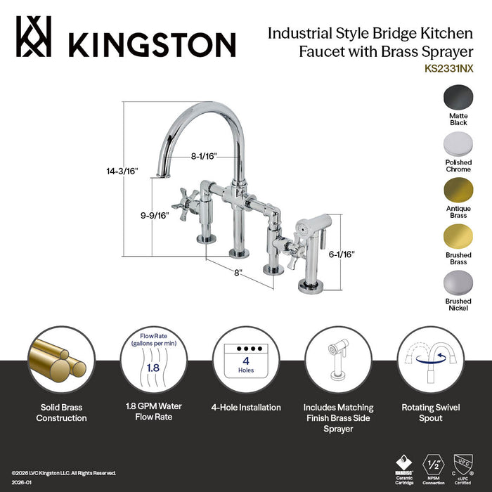 Kingston Sona KS2337NX - Hamilton Two-Handle 4-Hole Deck Mount Industrial Style Bridge Kitchen Faucet with Brass Sprayer, Brushed Brass
