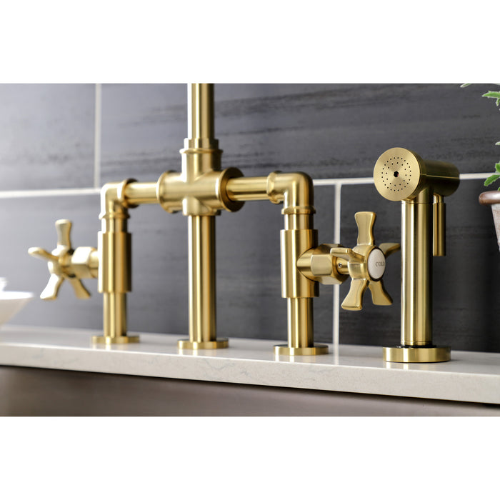 Kingston Sona KS2337NX - Hamilton Two-Handle 4-Hole Deck Mount Industrial Style Bridge Kitchen Faucet with Brass Sprayer, Brushed Brass