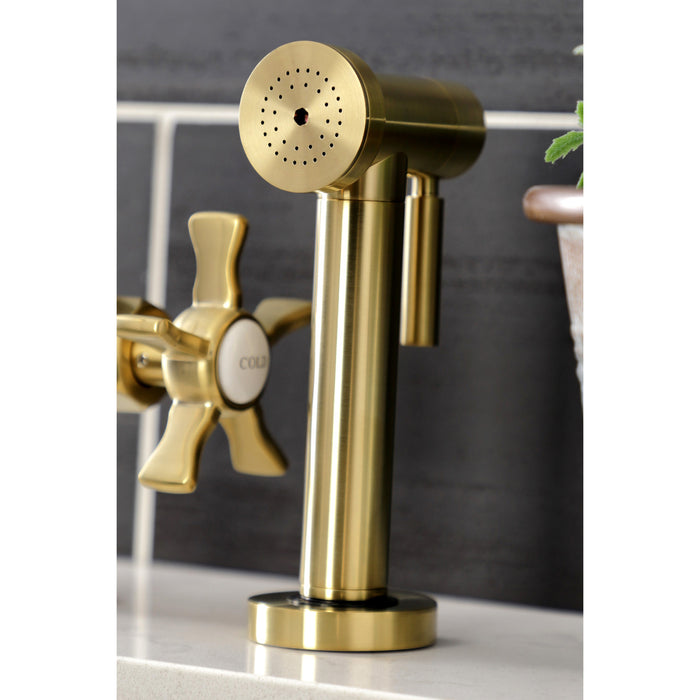 Kingston Sona KS2337NX - Hamilton Two-Handle 4-Hole Deck Mount Industrial Style Bridge Kitchen Faucet with Brass Sprayer, Brushed Brass