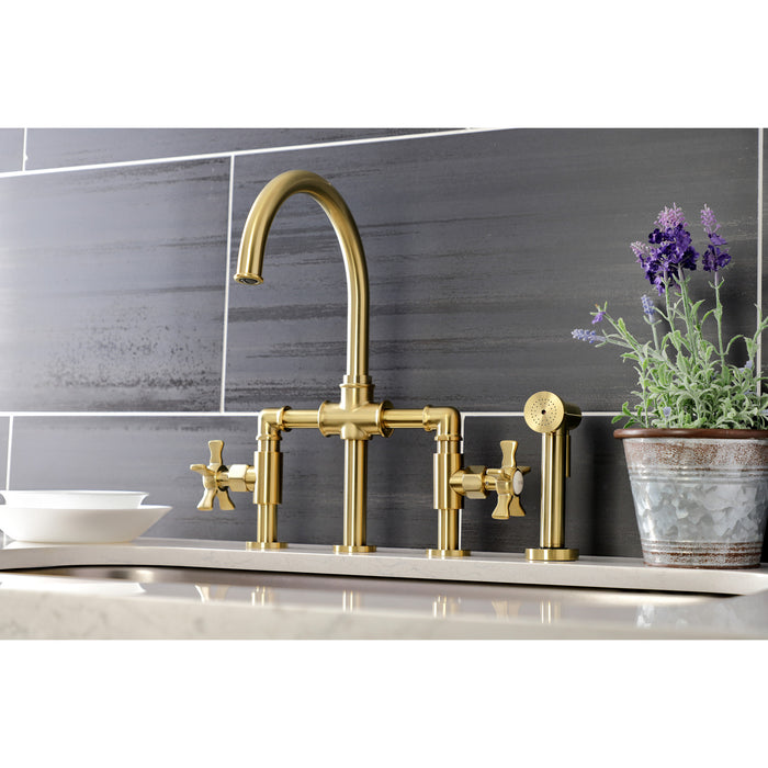 Kingston Sona KS2337NX - Hamilton Two-Handle 4-Hole Deck Mount Industrial Style Bridge Kitchen Faucet with Brass Sprayer, Brushed Brass