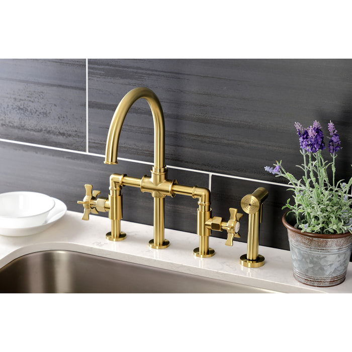 Kingston Sona KS2337NX - Hamilton Two-Handle 4-Hole Deck Mount Industrial Style Bridge Kitchen Faucet with Brass Sprayer, Brushed Brass