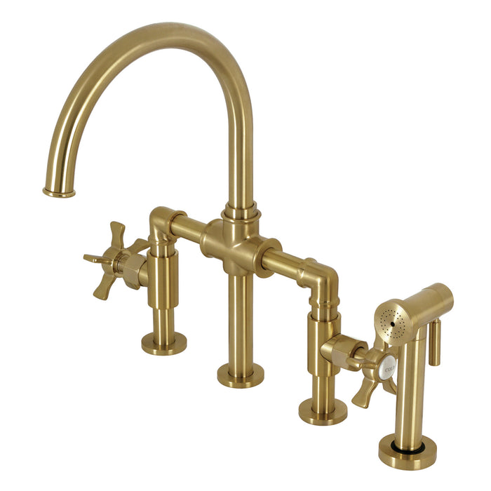 Kingston Sona KS2337NX - Hamilton Two-Handle 4-Hole Deck Mount Industrial Style Bridge Kitchen Faucet with Brass Sprayer, Brushed Brass