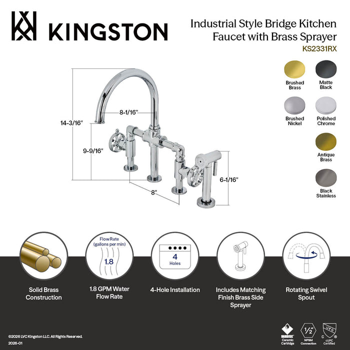 Kingston Sona KS2337RX - Belknap Two-Handle 4-Hole Deck Mount Industrial Style Bridge Kitchen Faucet with Brass Sprayer, Brushed Brass