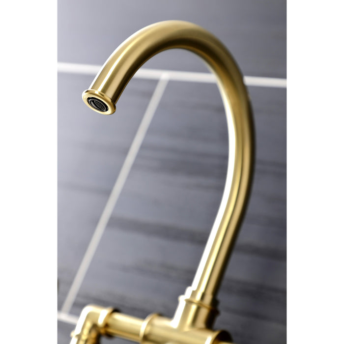 Kingston Sona KS2337RX - Belknap Two-Handle 4-Hole Deck Mount Industrial Style Bridge Kitchen Faucet with Brass Sprayer, Brushed Brass