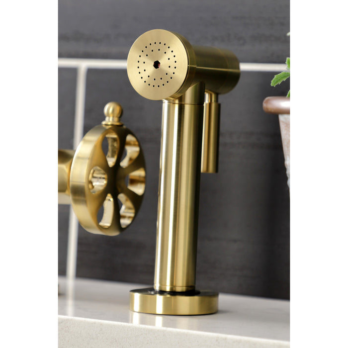 Kingston Sona KS2337RX - Belknap Two-Handle 4-Hole Deck Mount Industrial Style Bridge Kitchen Faucet with Brass Sprayer, Brushed Brass
