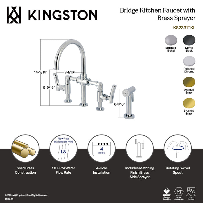 Kingston Sona KS2337TKL - Hallerbos Two-Handle 4-Hole Deck Mount Bridge Kitchen Faucet with Brass Sprayer, Brushed Brass