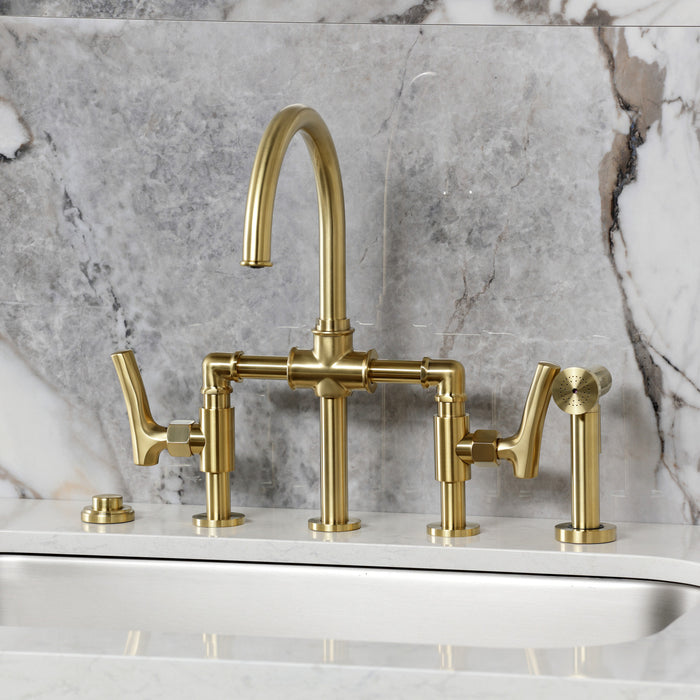 Kingston Sona KS2337TKL - Hallerbos Two-Handle 4-Hole Deck Mount Bridge Kitchen Faucet with Brass Sprayer, Brushed Brass