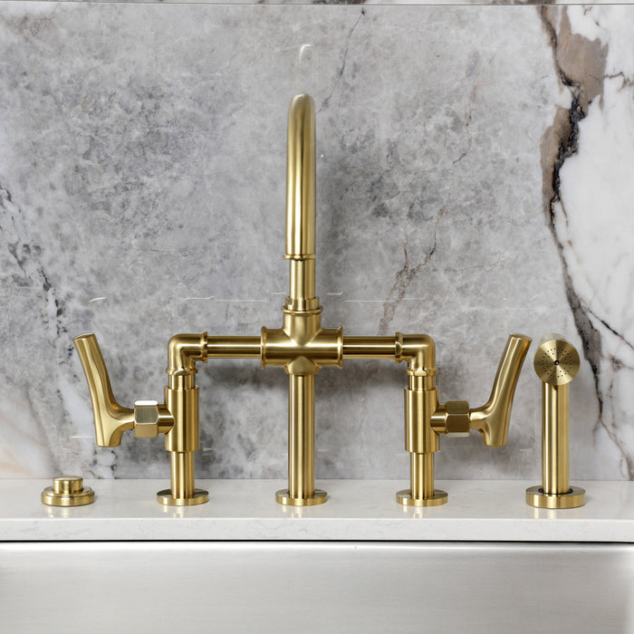 Kingston Sona KS2337TKL - Hallerbos Two-Handle 4-Hole Deck Mount Bridge Kitchen Faucet with Brass Sprayer, Brushed Brass
