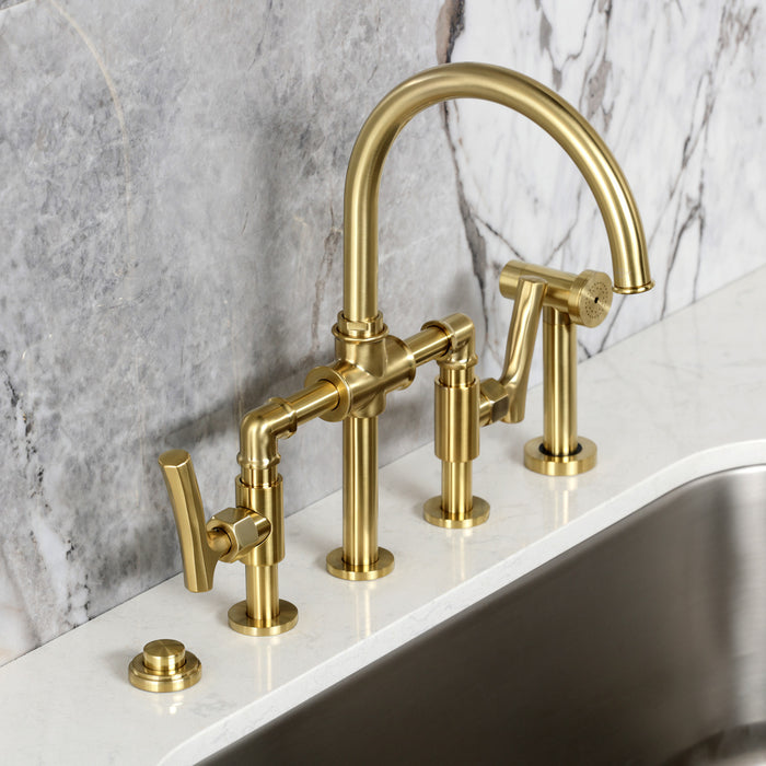 Kingston Sona KS2337TKL - Hallerbos Two-Handle 4-Hole Deck Mount Bridge Kitchen Faucet with Brass Sprayer, Brushed Brass