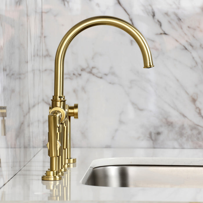 Kingston Sona KS2337TKL - Hallerbos Two-Handle 4-Hole Deck Mount Bridge Kitchen Faucet with Brass Sprayer, Brushed Brass