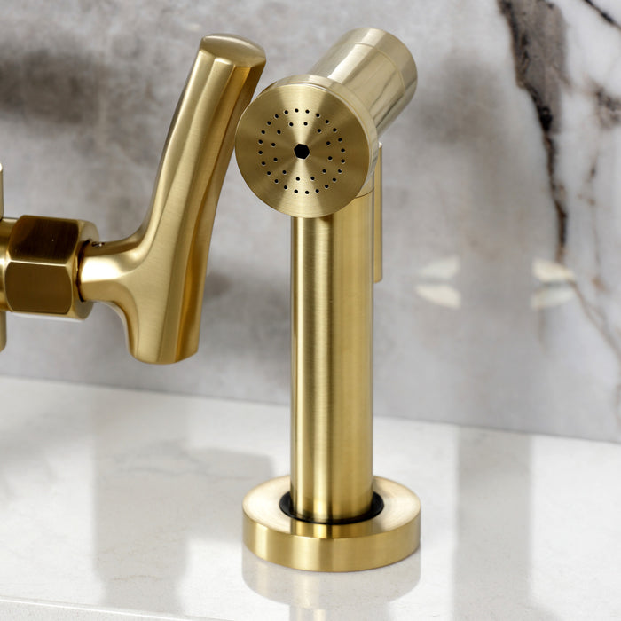 Kingston Sona KS2337TKL - Hallerbos Two-Handle 4-Hole Deck Mount Bridge Kitchen Faucet with Brass Sprayer, Brushed Brass