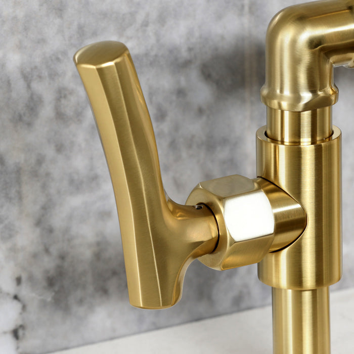 Kingston Sona KS2337TKL - Hallerbos Two-Handle 4-Hole Deck Mount Bridge Kitchen Faucet with Brass Sprayer, Brushed Brass