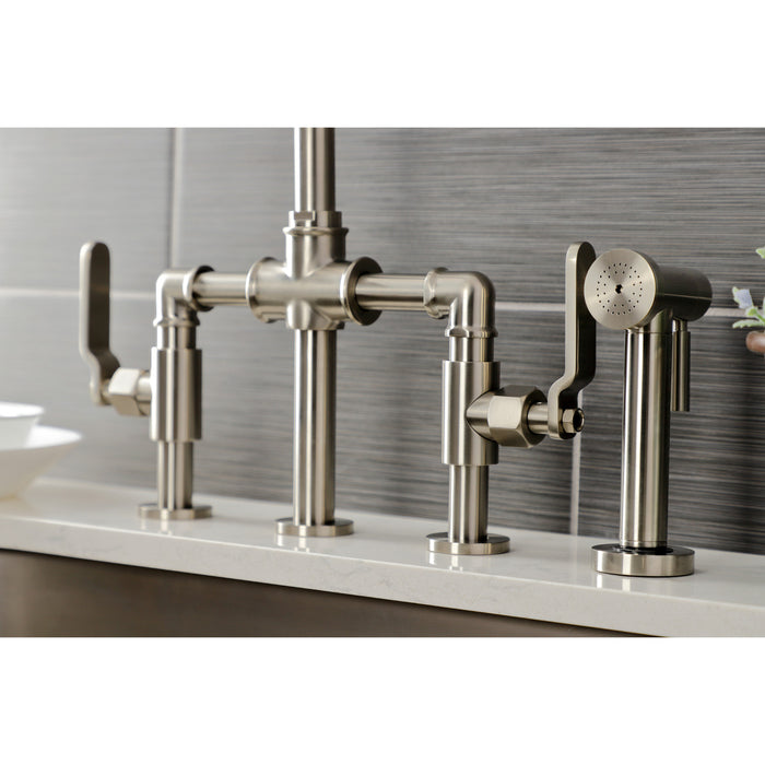 Kingston Sona KS2338KL - Whitaker Two-Handle 4-Hole Deck Mount Industrial Style Bridge Kitchen Faucet with Brass Sprayer, Brushed Nickel