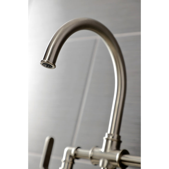 Kingston Sona KS2338KL - Whitaker Two-Handle 4-Hole Deck Mount Industrial Style Bridge Kitchen Faucet with Brass Sprayer, Brushed Nickel
