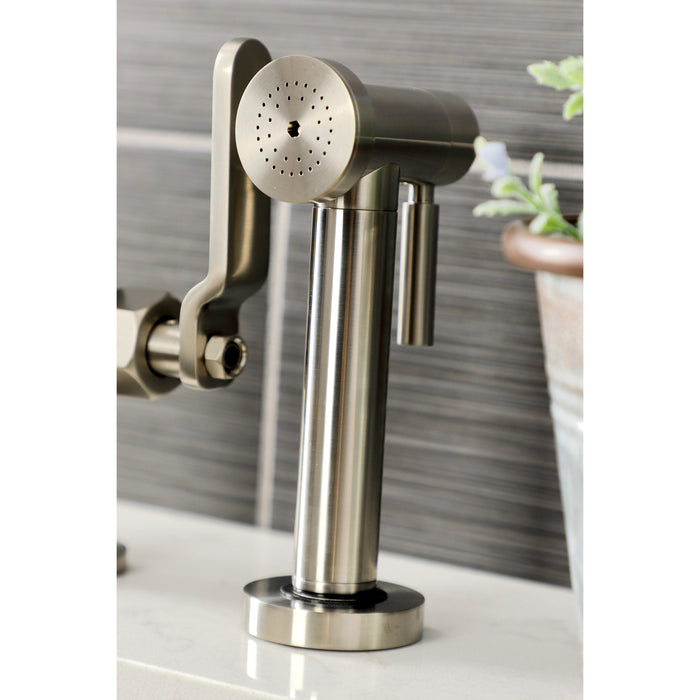 Kingston Sona KS2338KL - Whitaker Two-Handle 4-Hole Deck Mount Industrial Style Bridge Kitchen Faucet with Brass Sprayer, Brushed Nickel