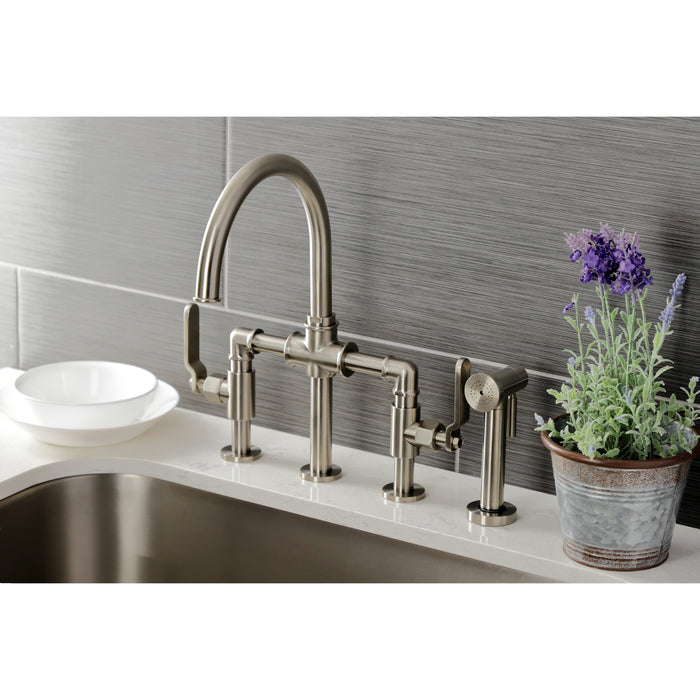 Kingston Sona KS2338KL - Whitaker Two-Handle 4-Hole Deck Mount Industrial Style Bridge Kitchen Faucet with Brass Sprayer, Brushed Nickel