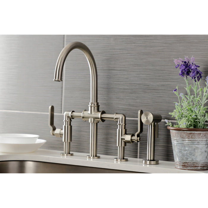 Kingston Sona KS2338KL - Whitaker Two-Handle 4-Hole Deck Mount Industrial Style Bridge Kitchen Faucet with Brass Sprayer, Brushed Nickel