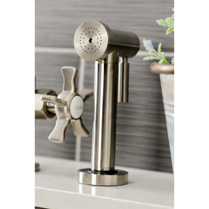 Kingston Sona KS2338NX - Hamilton Two-Handle 4-Hole Deck Mount Industrial Style Bridge Kitchen Faucet with Brass Sprayer, Brushed Nickel