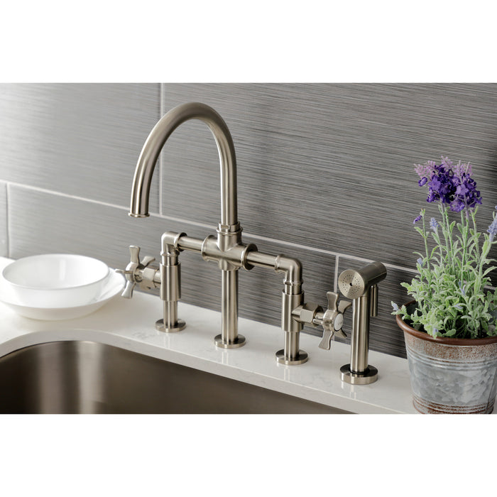 Kingston Sona KS2338NX - Hamilton Two-Handle 4-Hole Deck Mount Industrial Style Bridge Kitchen Faucet with Brass Sprayer, Brushed Nickel