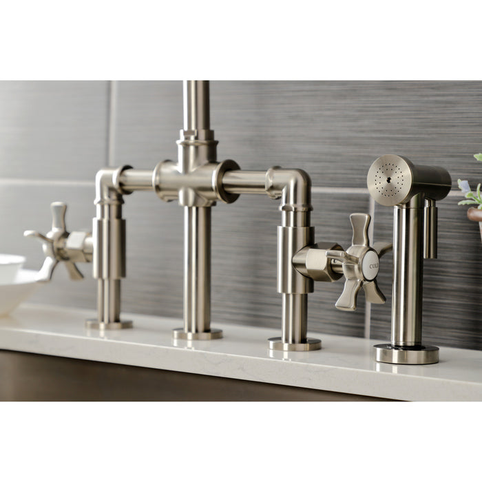 Kingston Sona KS2338NX - Hamilton Two-Handle 4-Hole Deck Mount Industrial Style Bridge Kitchen Faucet with Brass Sprayer, Brushed Nickel