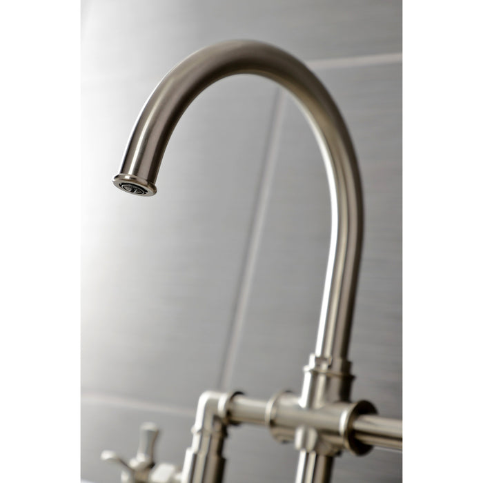Kingston Sona KS2338NX - Hamilton Two-Handle 4-Hole Deck Mount Industrial Style Bridge Kitchen Faucet with Brass Sprayer, Brushed Nickel