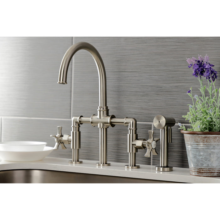 Kingston Sona KS2338NX - Hamilton Two-Handle 4-Hole Deck Mount Industrial Style Bridge Kitchen Faucet with Brass Sprayer, Brushed Nickel