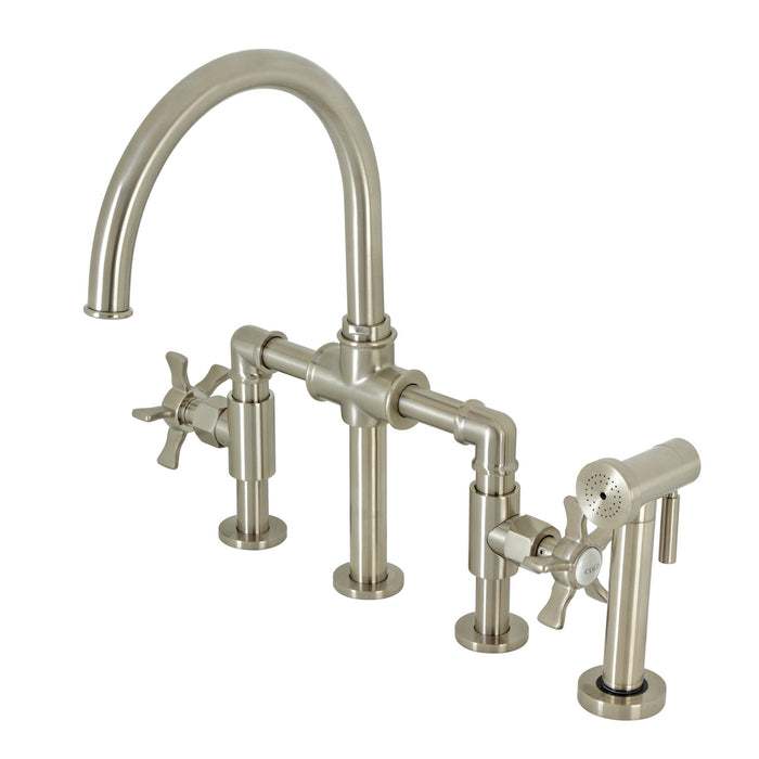 Kingston Sona KS2338NX - Hamilton Two-Handle 4-Hole Deck Mount Industrial Style Bridge Kitchen Faucet with Brass Sprayer, Brushed Nickel