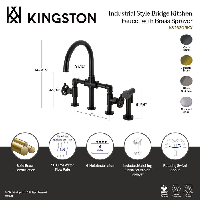 Kingston Sona KS2338RKX - Webb Two-Handle 4-Hole Deck Mount Knurled Handle Bridge Kitchen Faucet with Brass Sprayer, Brushed Nickel