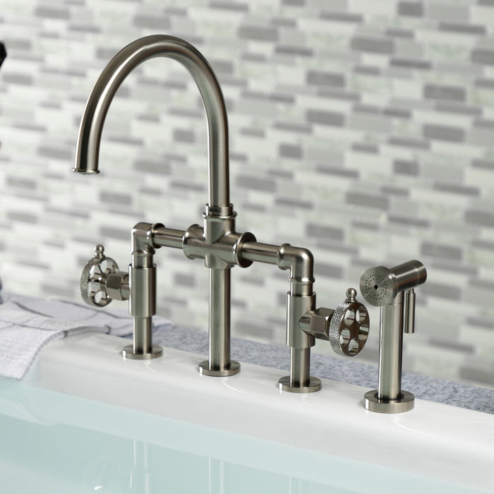 Kingston Sona KS2338RKX - Webb Two-Handle 4-Hole Deck Mount Knurled Handle Bridge Kitchen Faucet with Brass Sprayer, Brushed Nickel