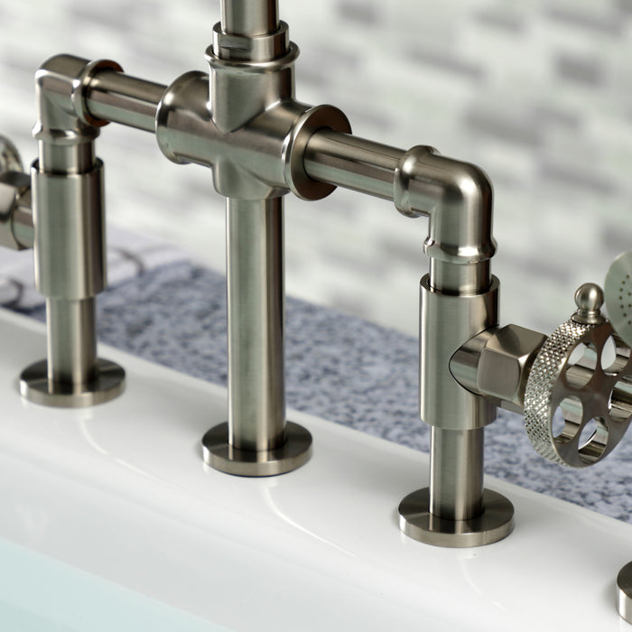 Kingston Sona KS2338RKX - Webb Two-Handle 4-Hole Deck Mount Knurled Handle Bridge Kitchen Faucet with Brass Sprayer, Brushed Nickel
