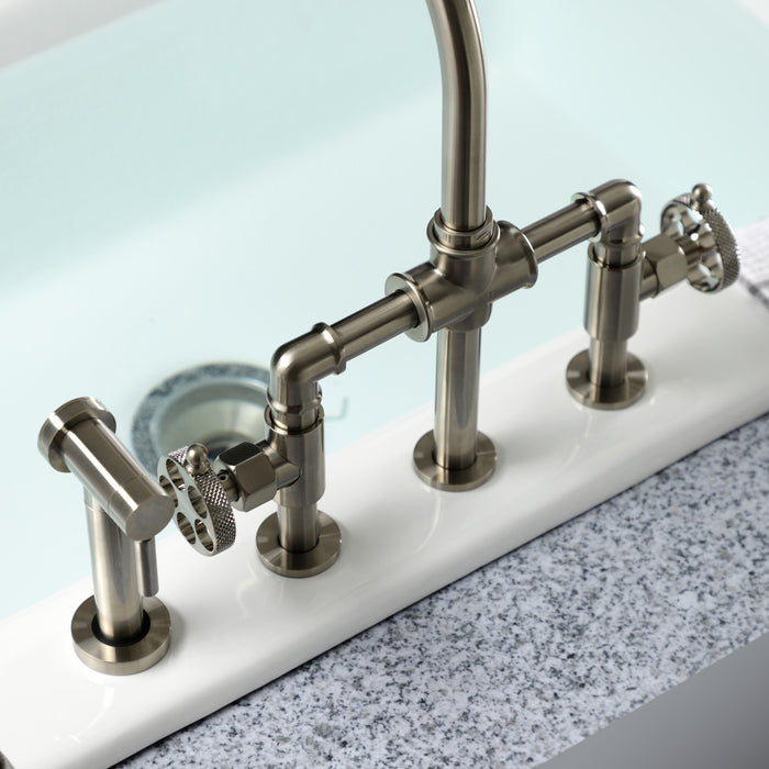 Kingston Sona KS2338RKX - Webb Two-Handle 4-Hole Deck Mount Knurled Handle Bridge Kitchen Faucet with Brass Sprayer, Brushed Nickel