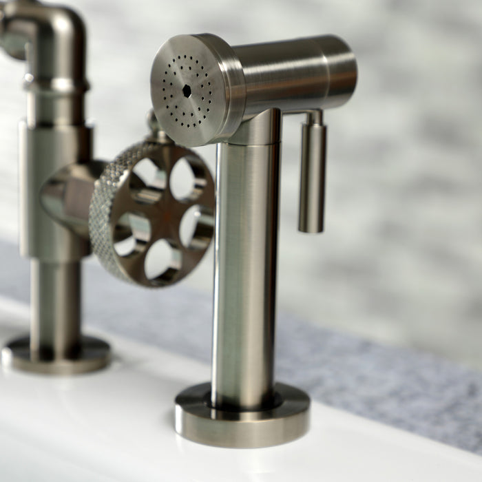 Kingston Sona KS2338RKX - Webb Two-Handle 4-Hole Deck Mount Knurled Handle Bridge Kitchen Faucet with Brass Sprayer, Brushed Nickel