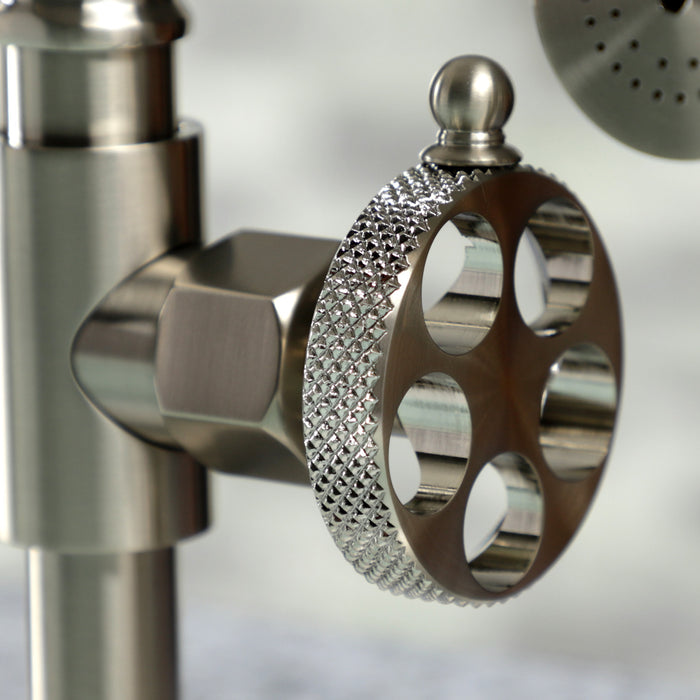 Kingston Sona KS2338RKX - Webb Two-Handle 4-Hole Deck Mount Knurled Handle Bridge Kitchen Faucet with Brass Sprayer, Brushed Nickel