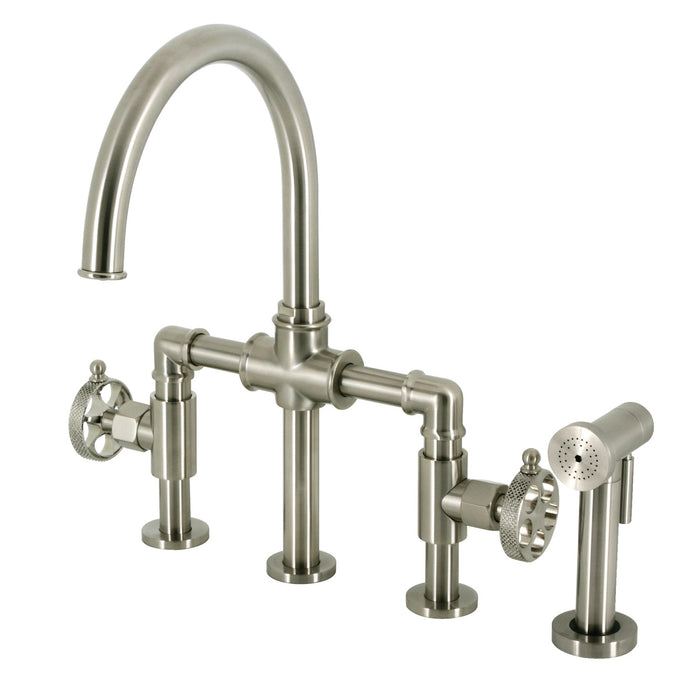 Kingston Sona KS2338RKX - Webb Two-Handle 4-Hole Deck Mount Knurled Handle Bridge Kitchen Faucet with Brass Sprayer, Brushed Nickel