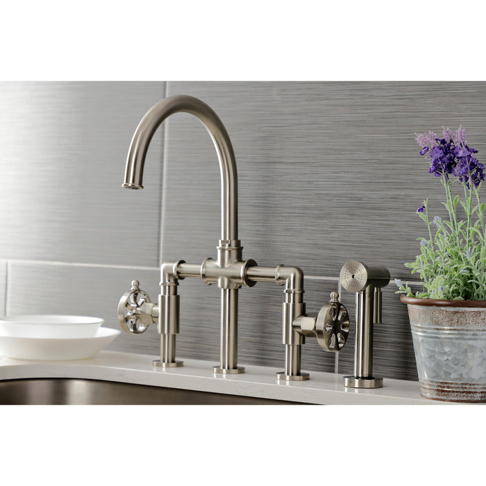 Kingston Sona KS2338RX - Belknap Two-Handle 4-Hole Deck Mount Industrial Style Bridge Kitchen Faucet with Brass Sprayer, Brushed Nickel