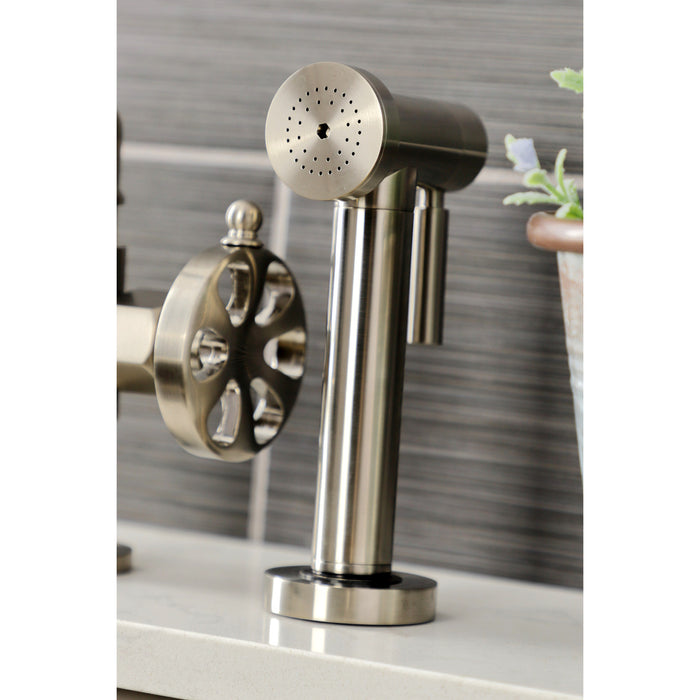 Kingston Sona KS2338RX - Belknap Two-Handle 4-Hole Deck Mount Industrial Style Bridge Kitchen Faucet with Brass Sprayer, Brushed Nickel