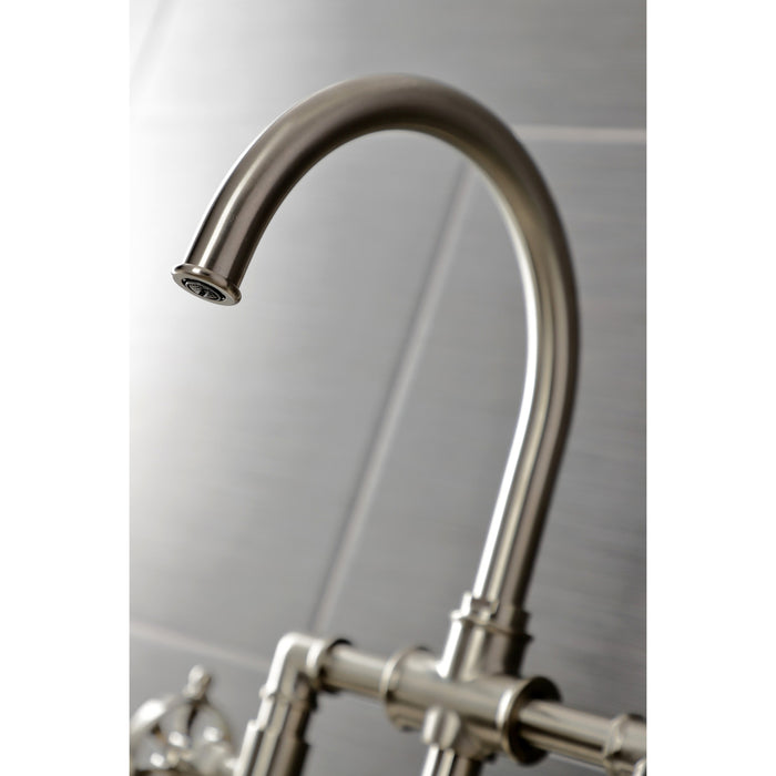 Kingston Sona KS2338RX - Belknap Two-Handle 4-Hole Deck Mount Industrial Style Bridge Kitchen Faucet with Brass Sprayer, Brushed Nickel