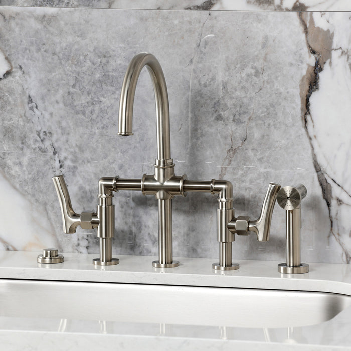 Kingston Sona KS2338TKL - Hallerbos Two-Handle 4-Hole Deck Mount Bridge Kitchen Faucet with Brass Sprayer, Brushed Nickel
