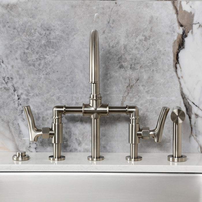 Kingston Sona KS2338TKL - Hallerbos Two-Handle 4-Hole Deck Mount Bridge Kitchen Faucet with Brass Sprayer, Brushed Nickel