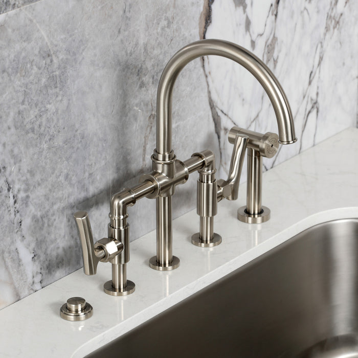 Kingston Sona KS2338TKL - Hallerbos Two-Handle 4-Hole Deck Mount Bridge Kitchen Faucet with Brass Sprayer, Brushed Nickel