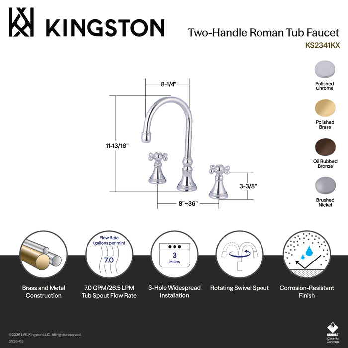 Kingston Tulare KS2341KX - Roman Two-Handle 3-Hole Deck Mount Roman Tub Faucet, Polished Chrome