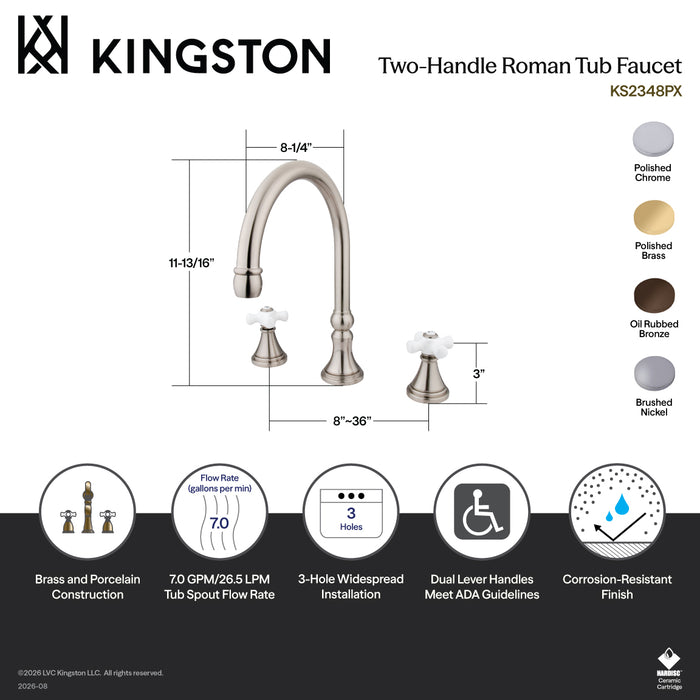 Kingston Tulare KS2341PX - Roman Two-Handle 3-Hole Deck Mount Roman Tub Faucet, Polished Chrome