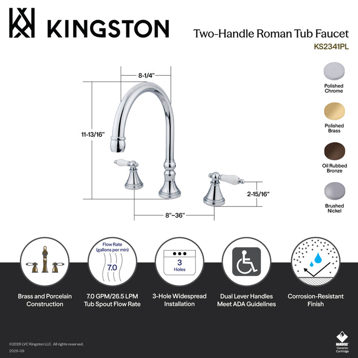 Kingston Tulare KS2348PL - Roman Two-Handle 3-Hole Deck Mount Roman Tub Faucet, Brushed Nickel