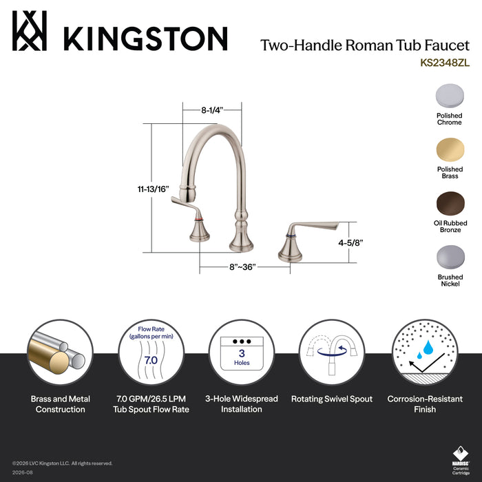 Kingston Tulare KS2348ZL - Silver Sage Two-Handle 3-Hole Deck Mount Roman Tub Faucet, Brushed Nickel