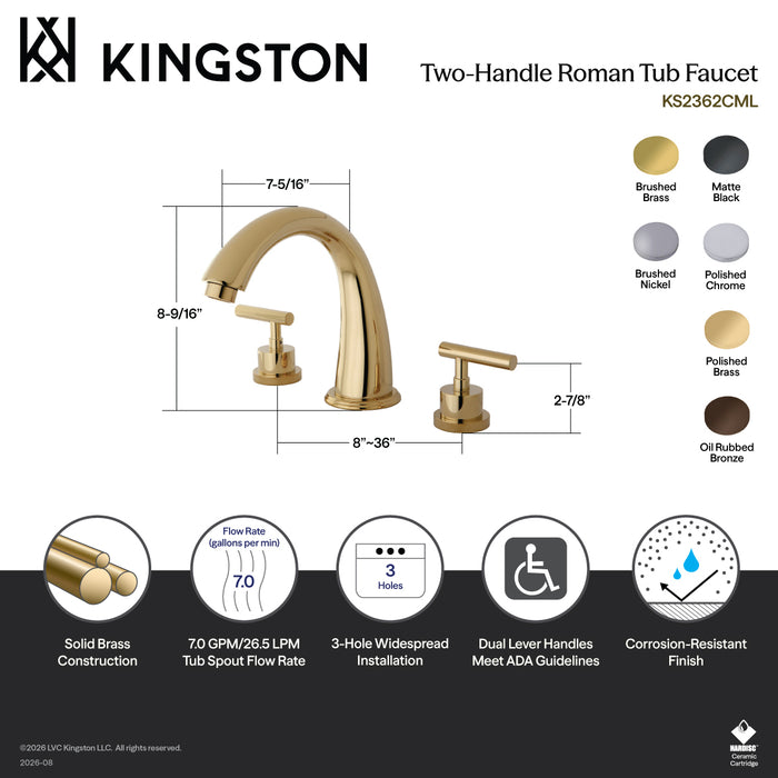 Kingston Sona KS2360CML - Manhattan Two-Handle 3-Hole Deck Mount Roman Tub Faucet, Matte Black