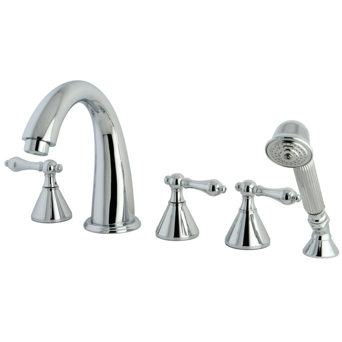 Kingston Tulare KS23615AL - Roman Three-Handle 5-Hole Deck Mount Roman Tub Faucet with Hand Shower, Polished Chrome